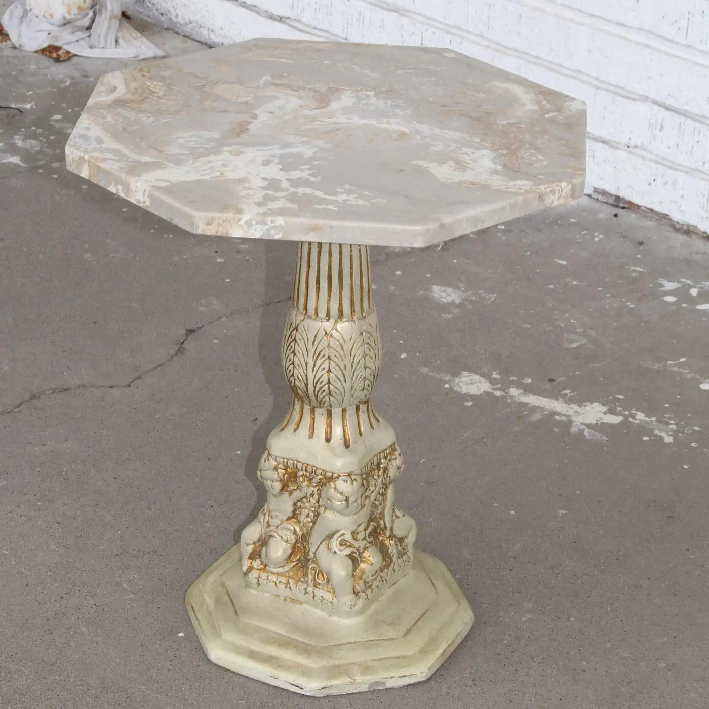 Side Table with Octogan Stone Top and Carved Base