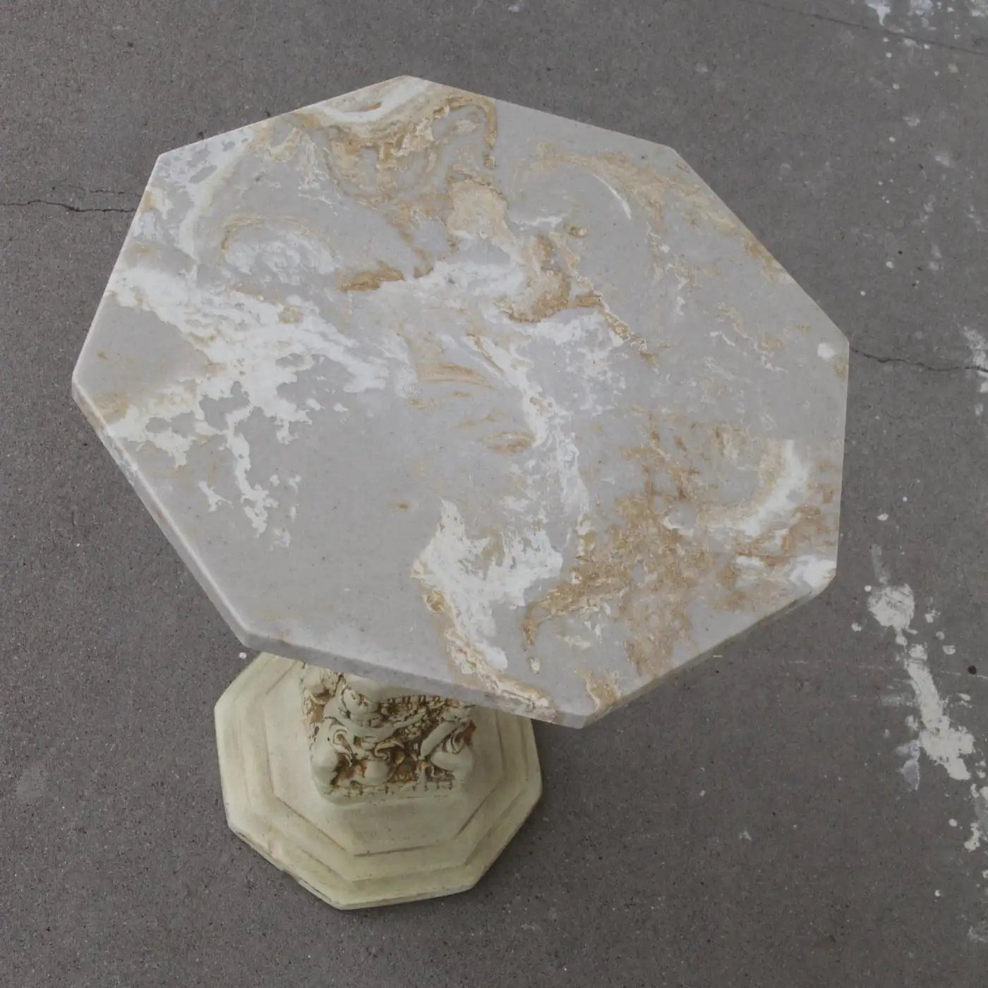 Side Table with Octogan Stone Top and Carved Base