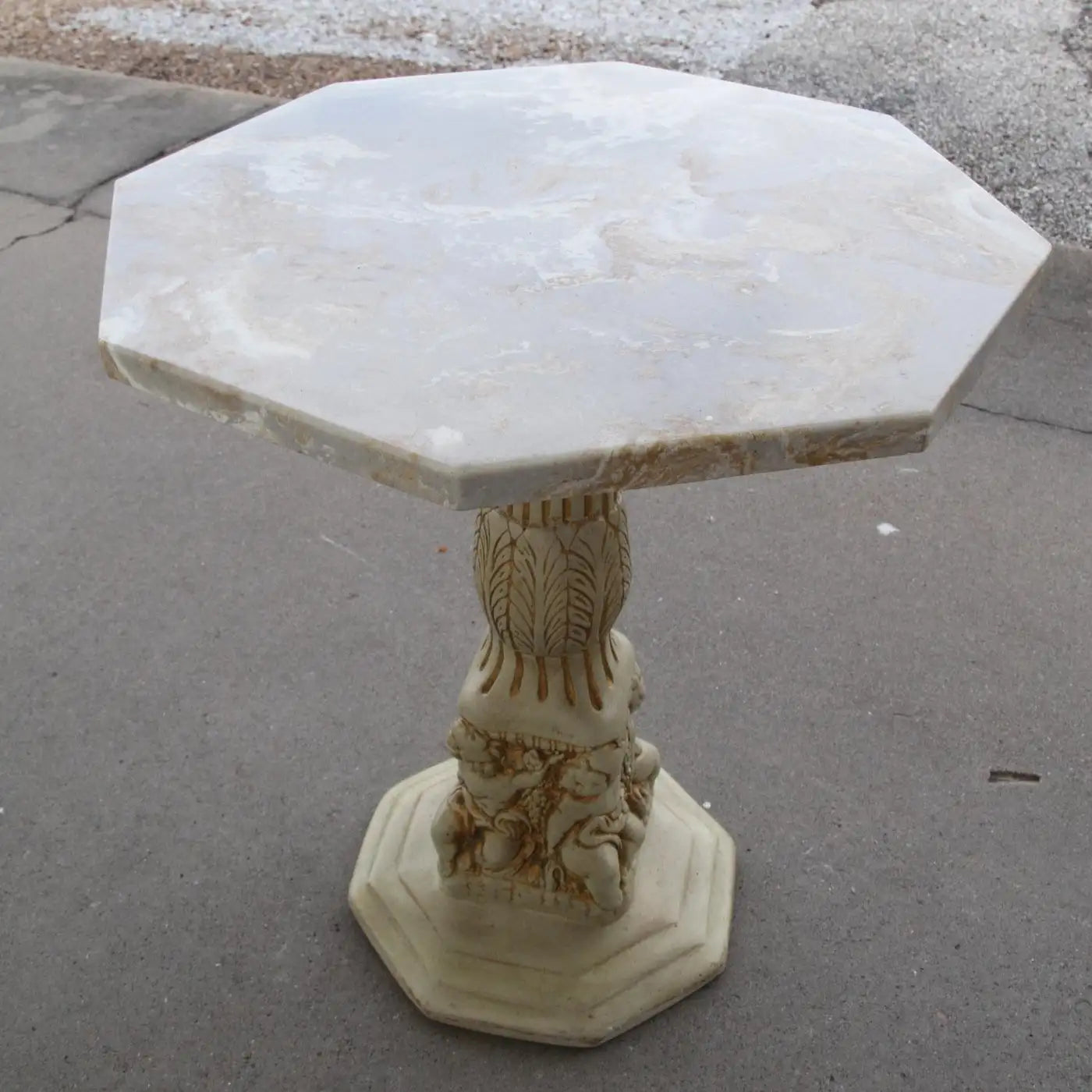 Side Table with Octogan Stone Top and Carved Base