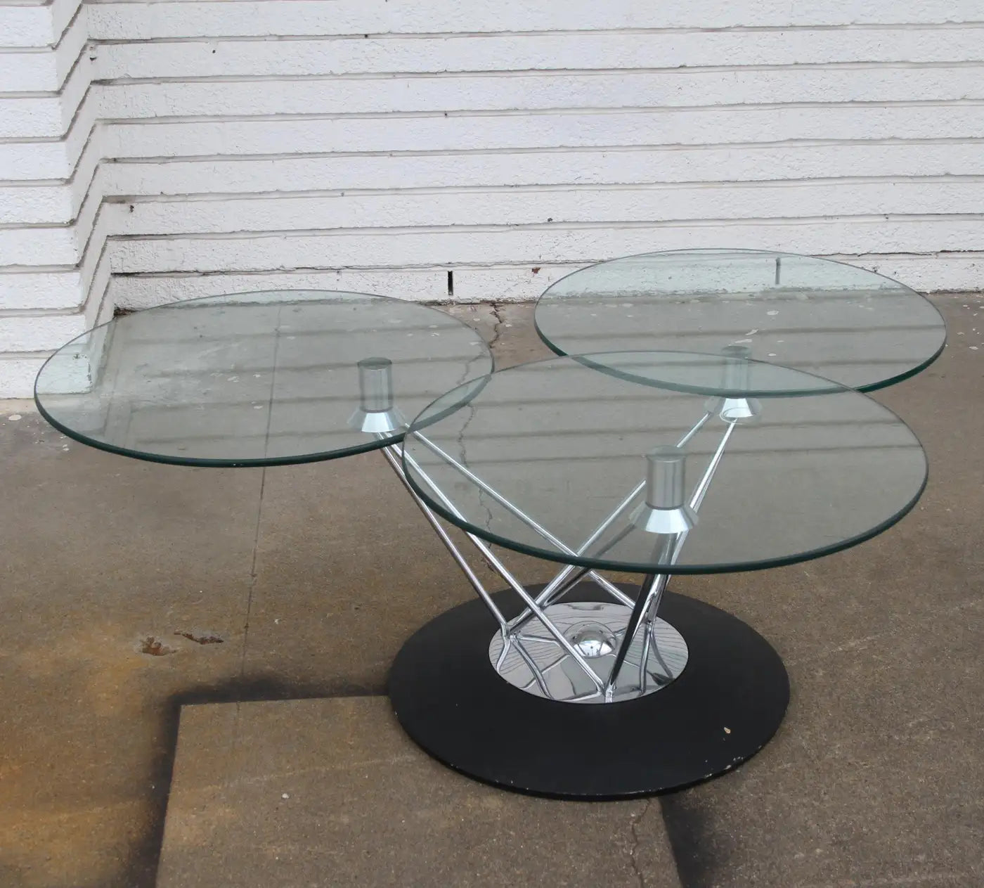 Modern Adjustable Swiveling Three Tier Chrome & Glass Cocktail Table