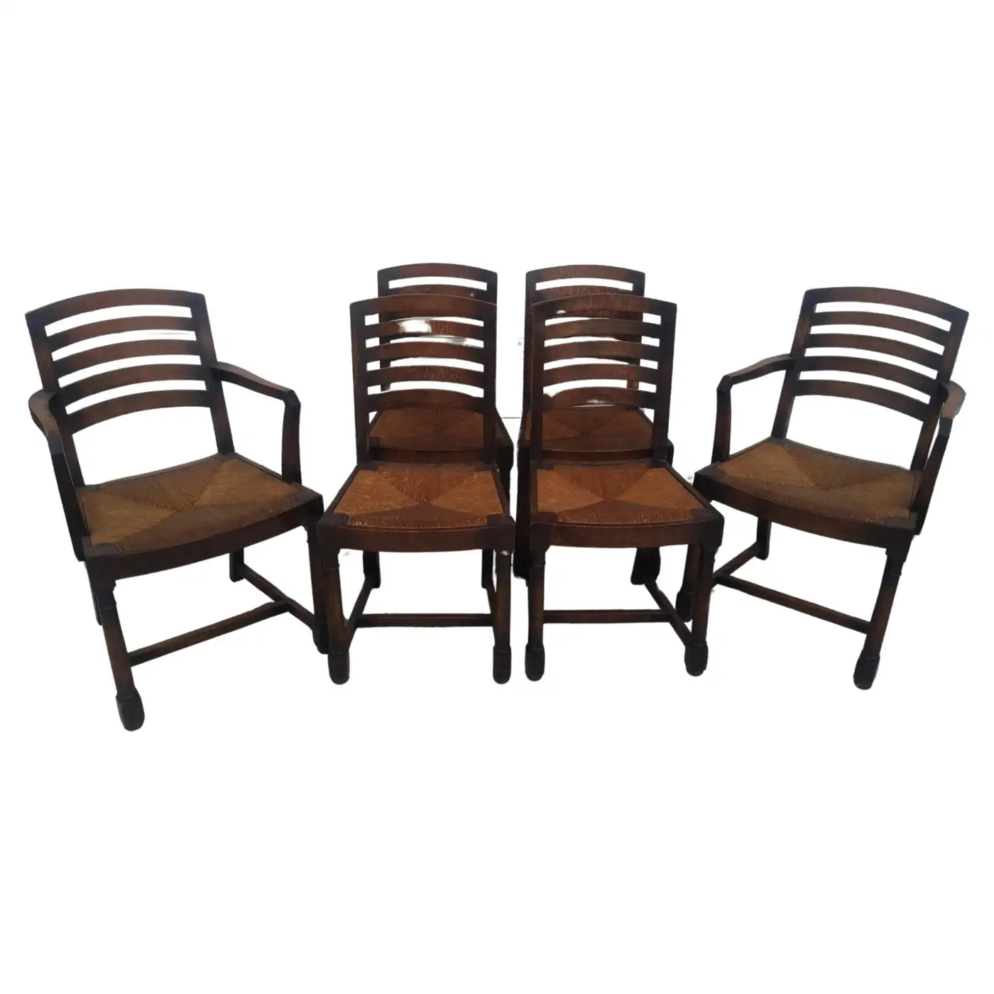 Set of 6 English Oak Ladderback Rush Bottom Seat Dining Chairs