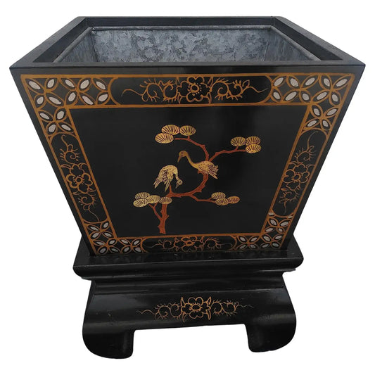 Black Lacquer Asian Inspired Planter on Stand