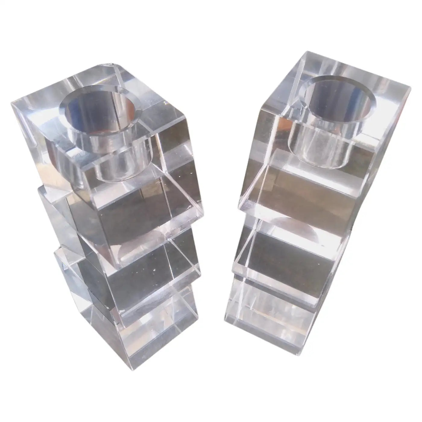 Pair of Oleg Cassini Crystal Stacked Cube Candleholders