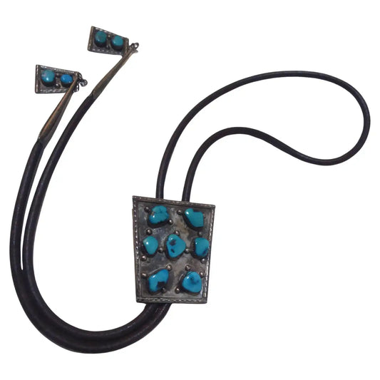 Leather, Sterling Silver and Turquoise Native American Bolo Tie