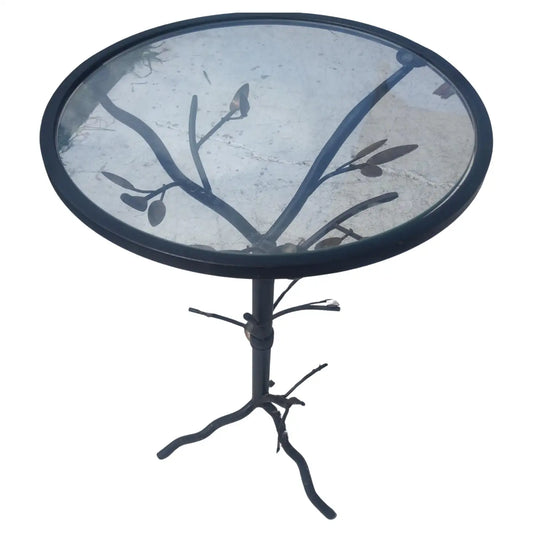 Brutalist Style Metal Tree with Birds Side Table with Glass Top