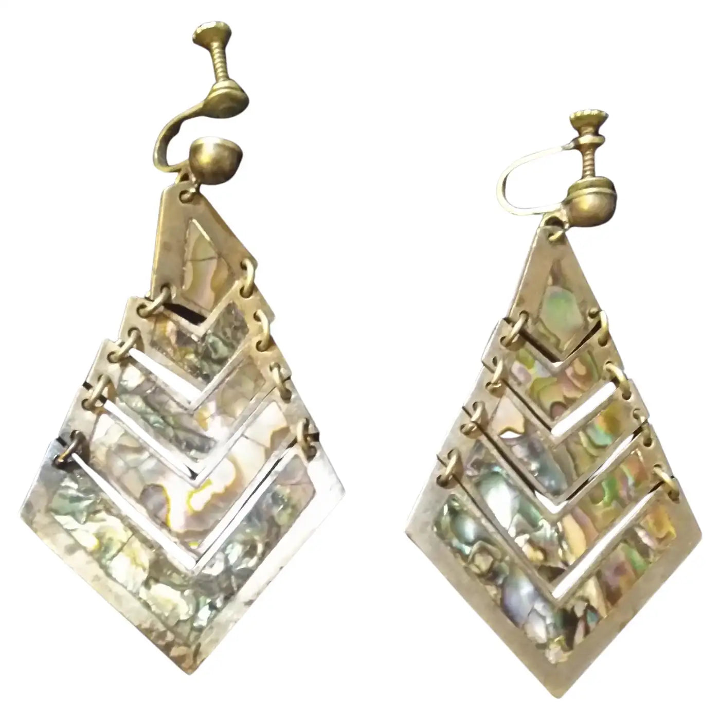 Pair of Mexican Silver TFV Pyramid Earrings with Abalone Accents