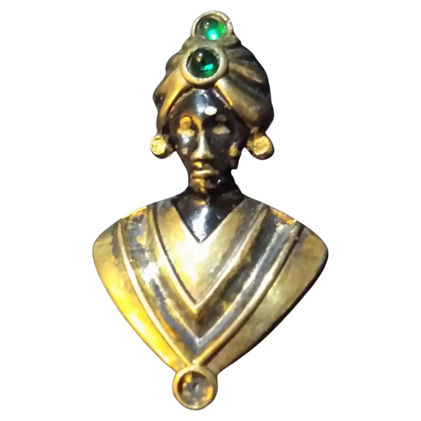 Sterling Silver and Gold Plated Brooch of Moor Wearing Tuban w/ Green Stones