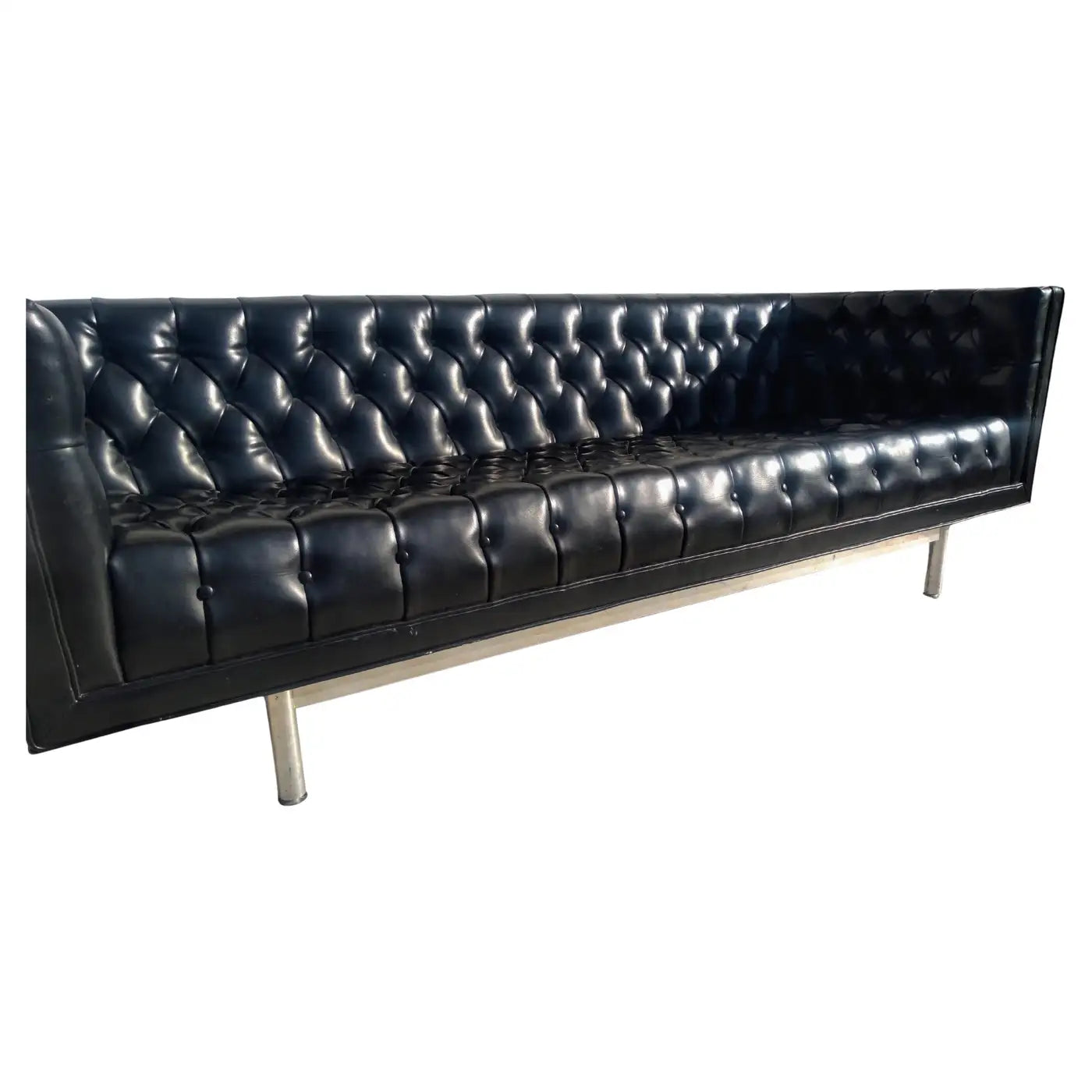 Mid Century Faux Black Leather Jack Cartwright Tufted Even Arm Sofa