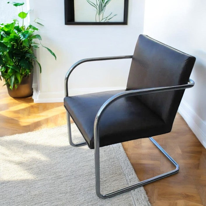 (1) Vintage Thonet Mies van der Rohe Dark Brown Stamped Leather Chair (MR12667)