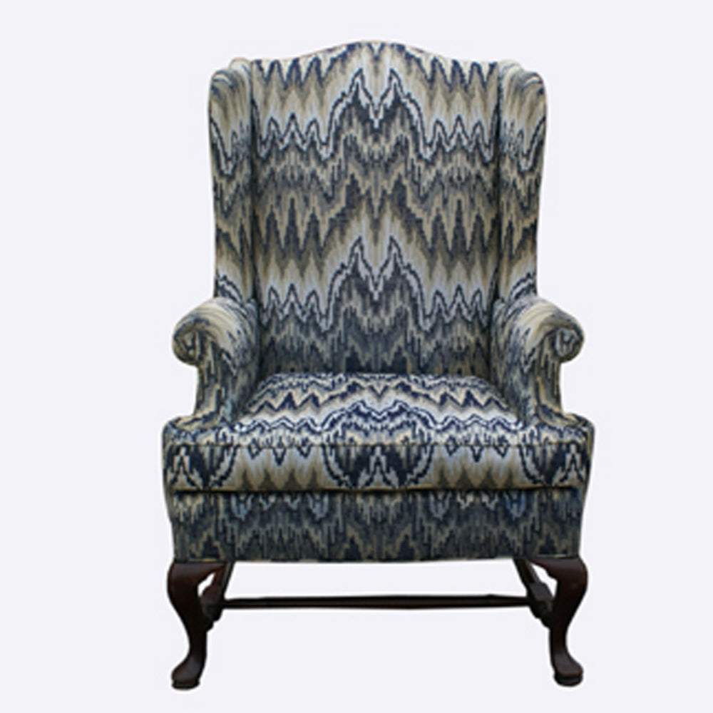 Traditional Wing Back Chair Blue Flame Print Fabric