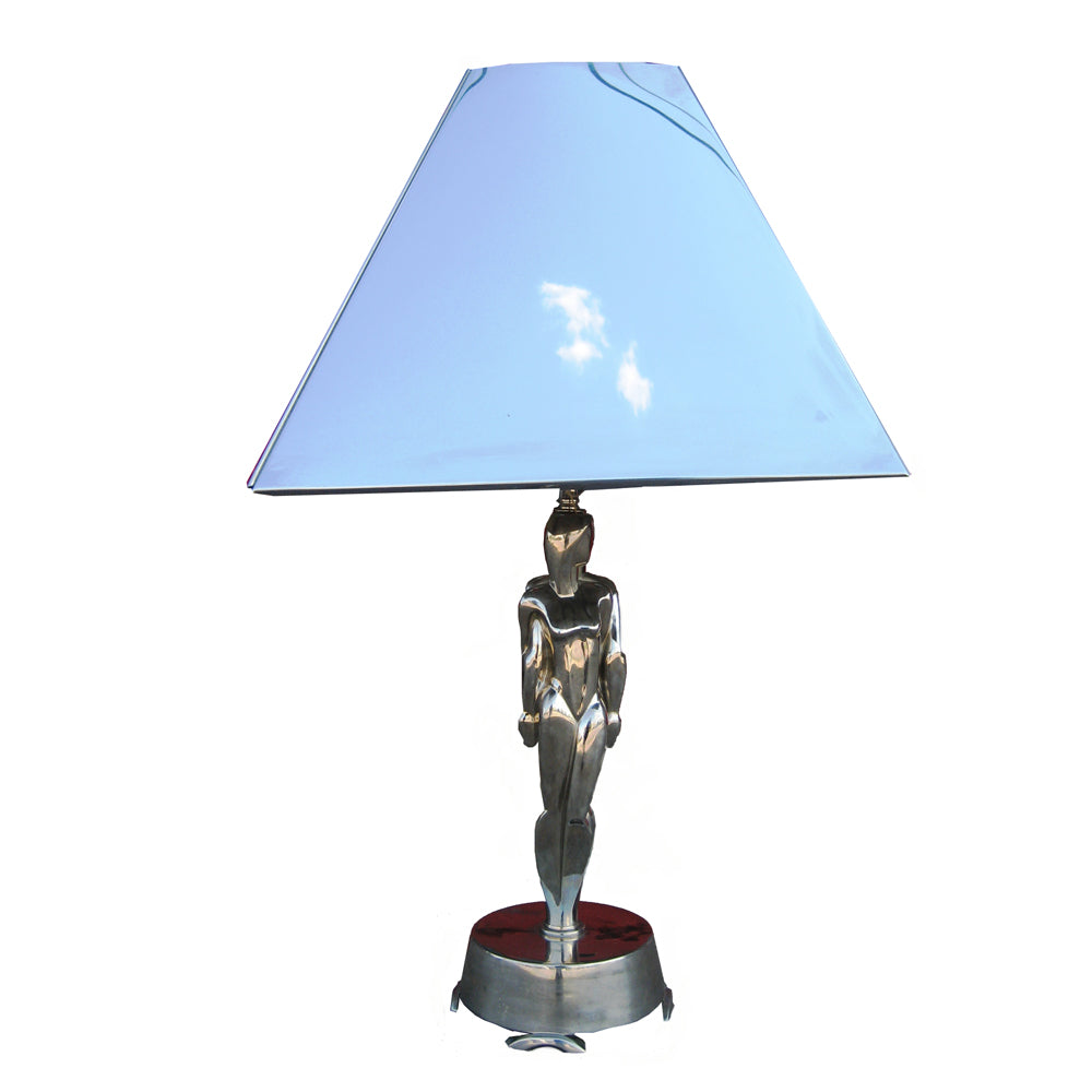 Restored Sculpted Art Deco Male Female Chromed Shade Table Lamp (MR7299)