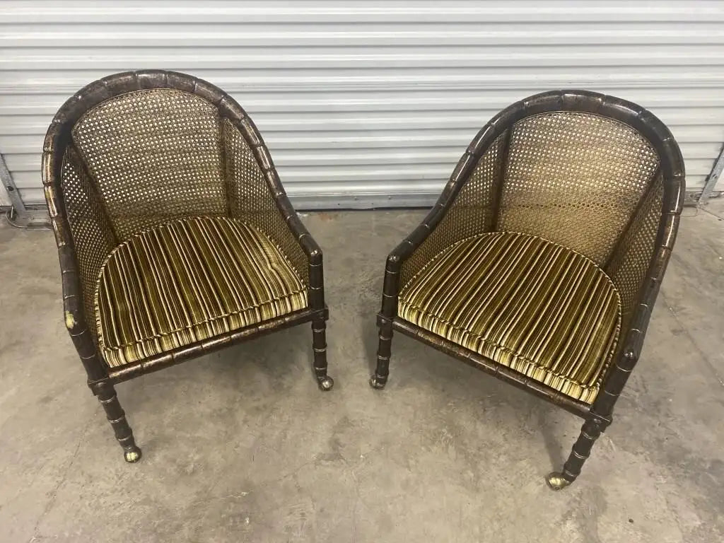 Pair John Widdicomb Cane Faux Bamboo Barrel Chairs