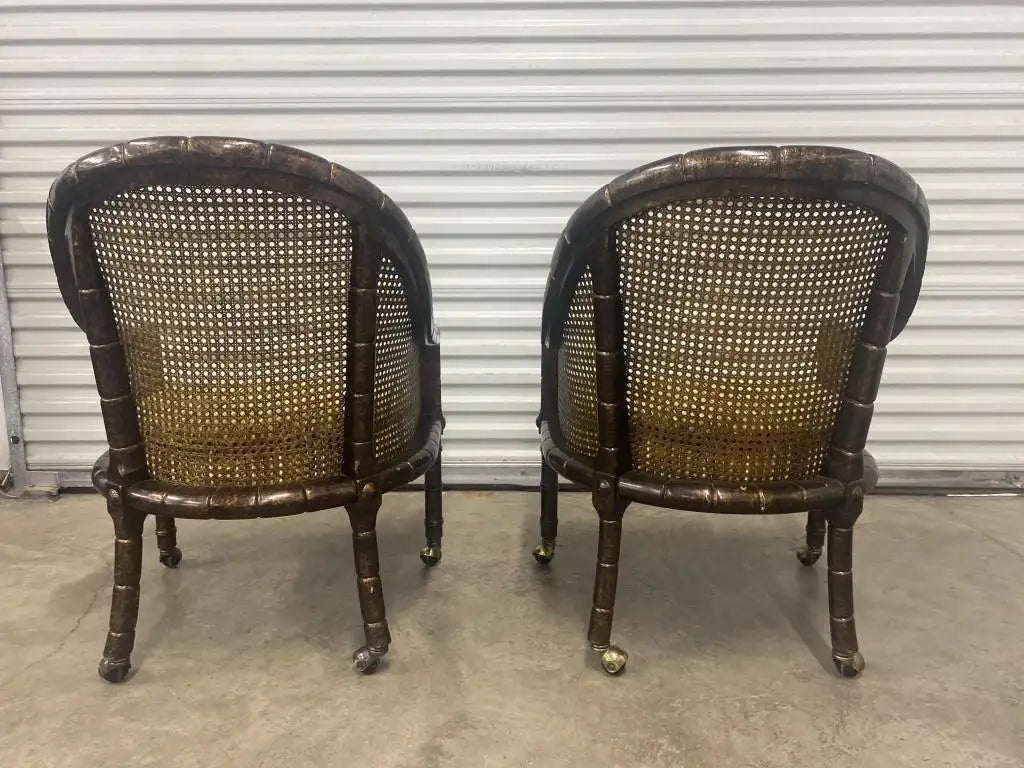 Pair John Widdicomb Cane Faux Bamboo Barrel Chairs